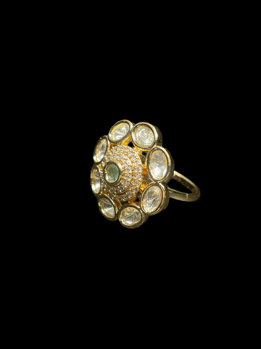 Kundan Polki Oval Orbit Bloom Cocktail Ring - Mint Green | K Gold - angle view