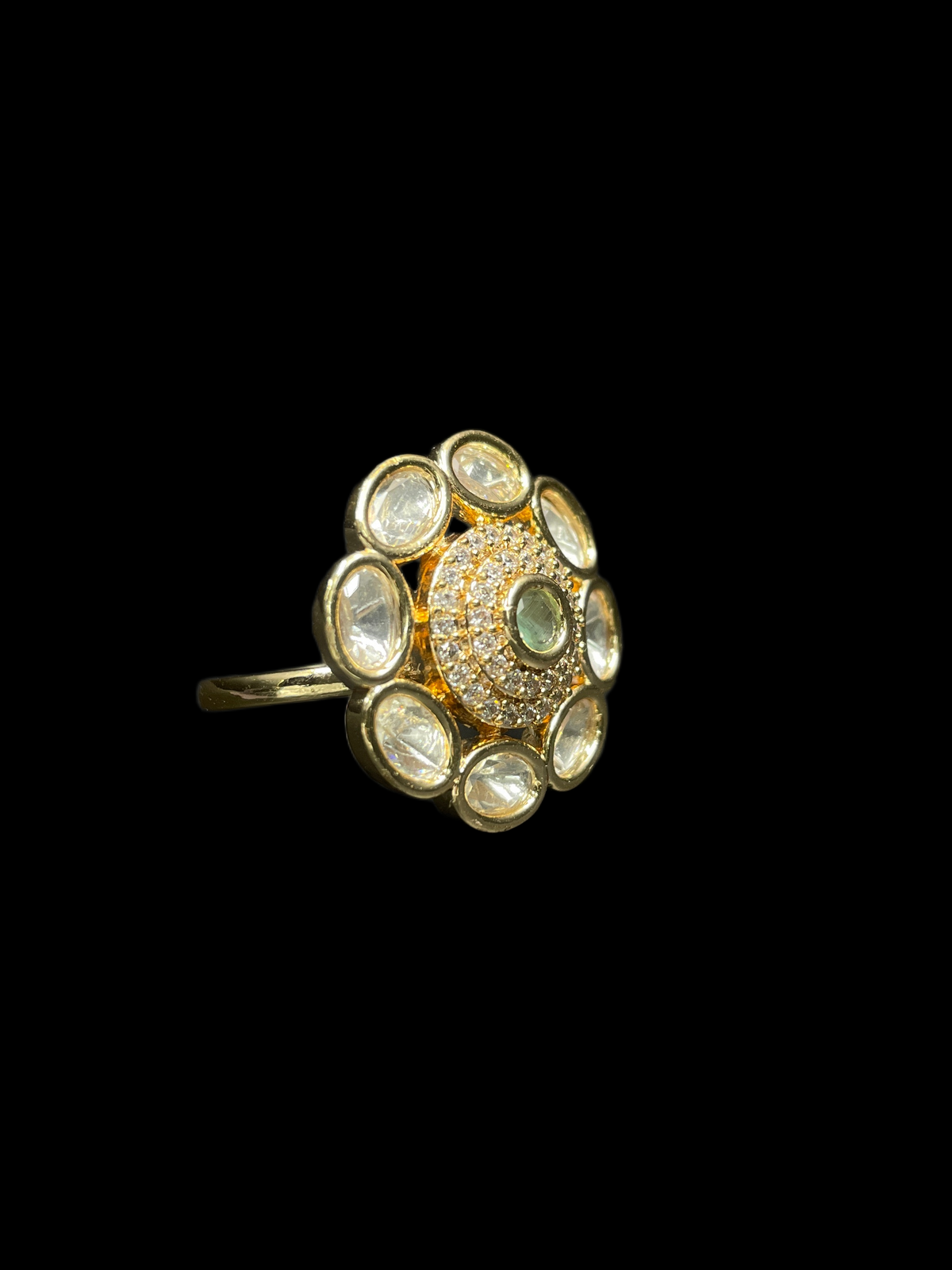 Kundan Polki Oval Orbit Bloom Cocktail Ring - Mint Green | K Gold - side view
