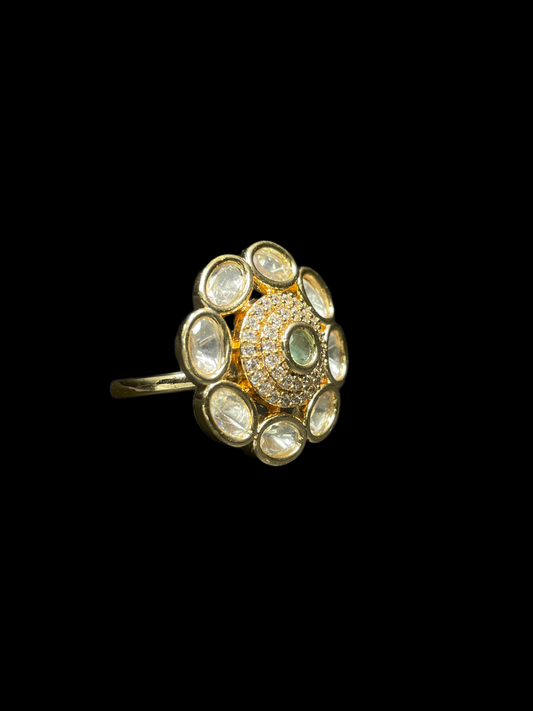 Kundan Polki Oval Orbit Bloom Cocktail Ring - Mint Green | K Gold - side view