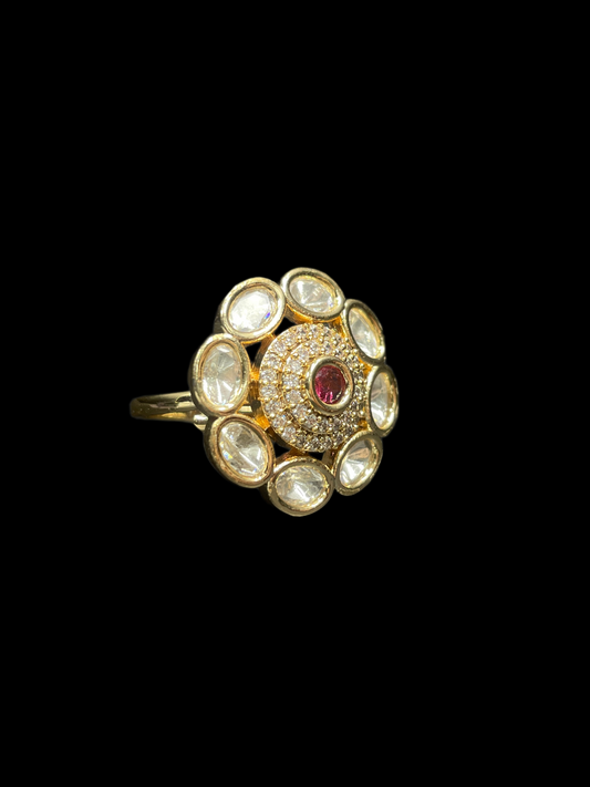 Kundan Polki Oval Petal Halo Cocktail Ring - Ruby Red | K Gold - side view