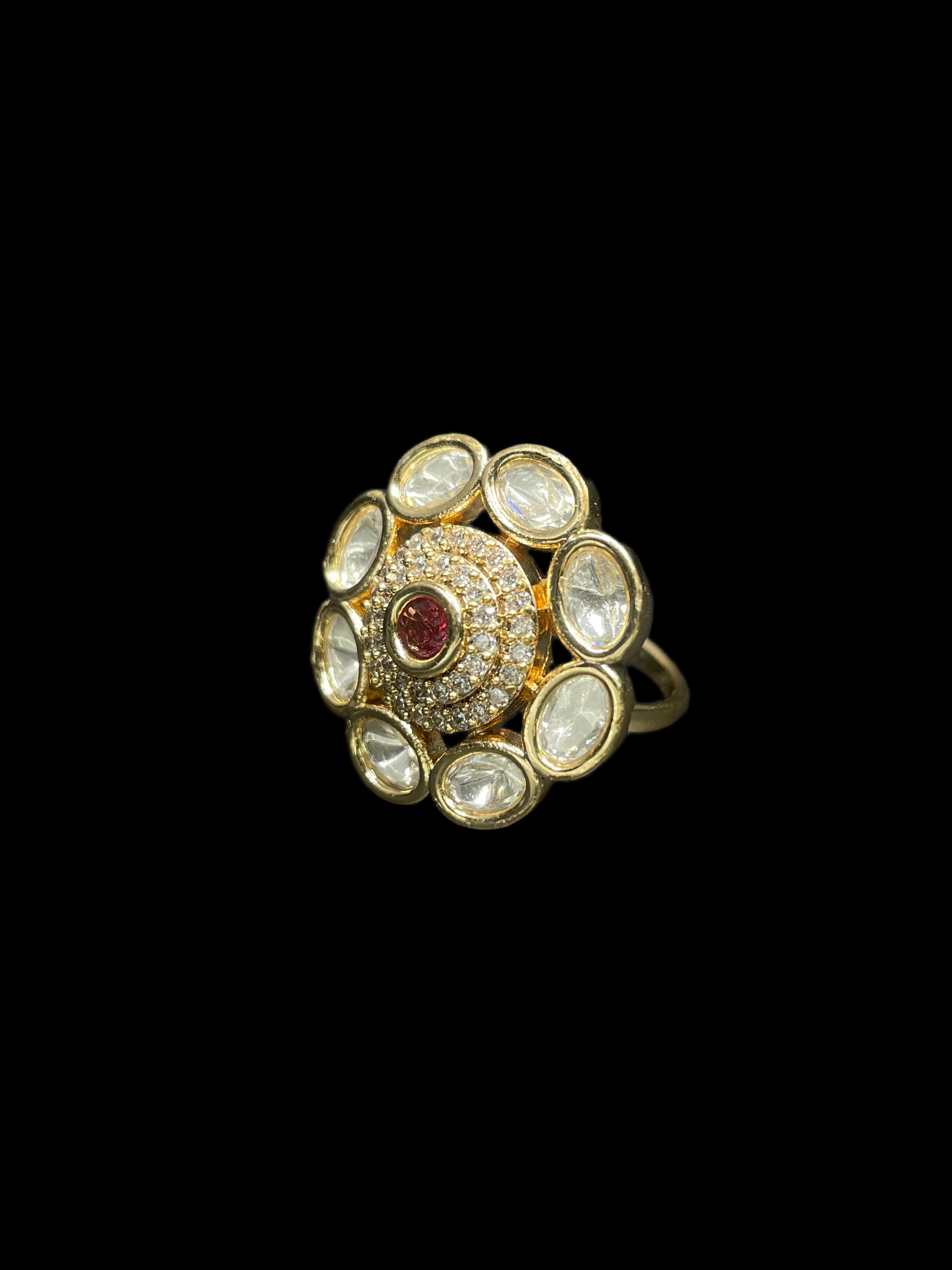 Kundan Polki Oval Petal Halo Cocktail Ring - Ruby Red | K Gold - angled view