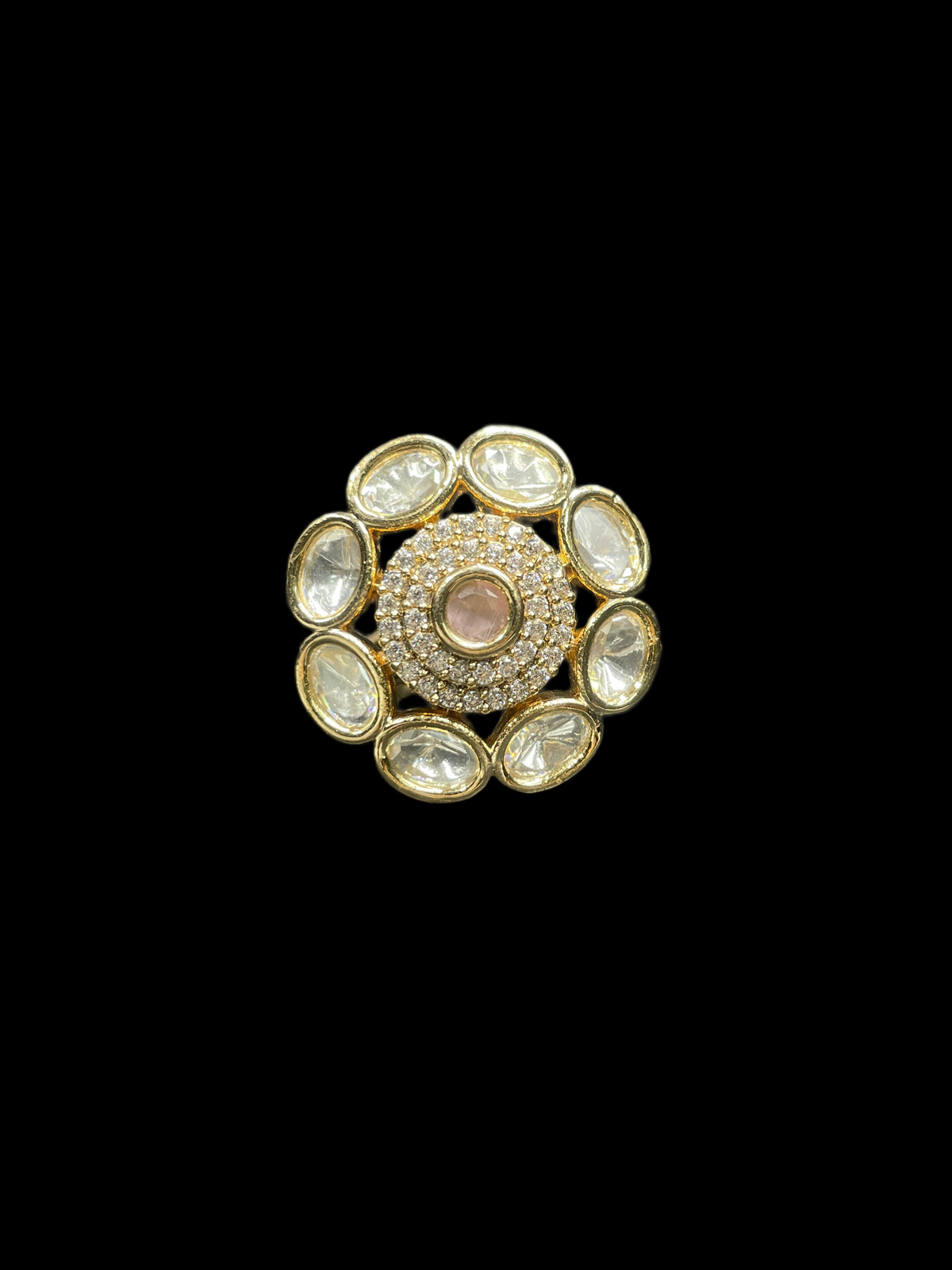 Kundan Polki Oval Petal Halo Cocktail Ring - Baby Pink | K Gold - top view