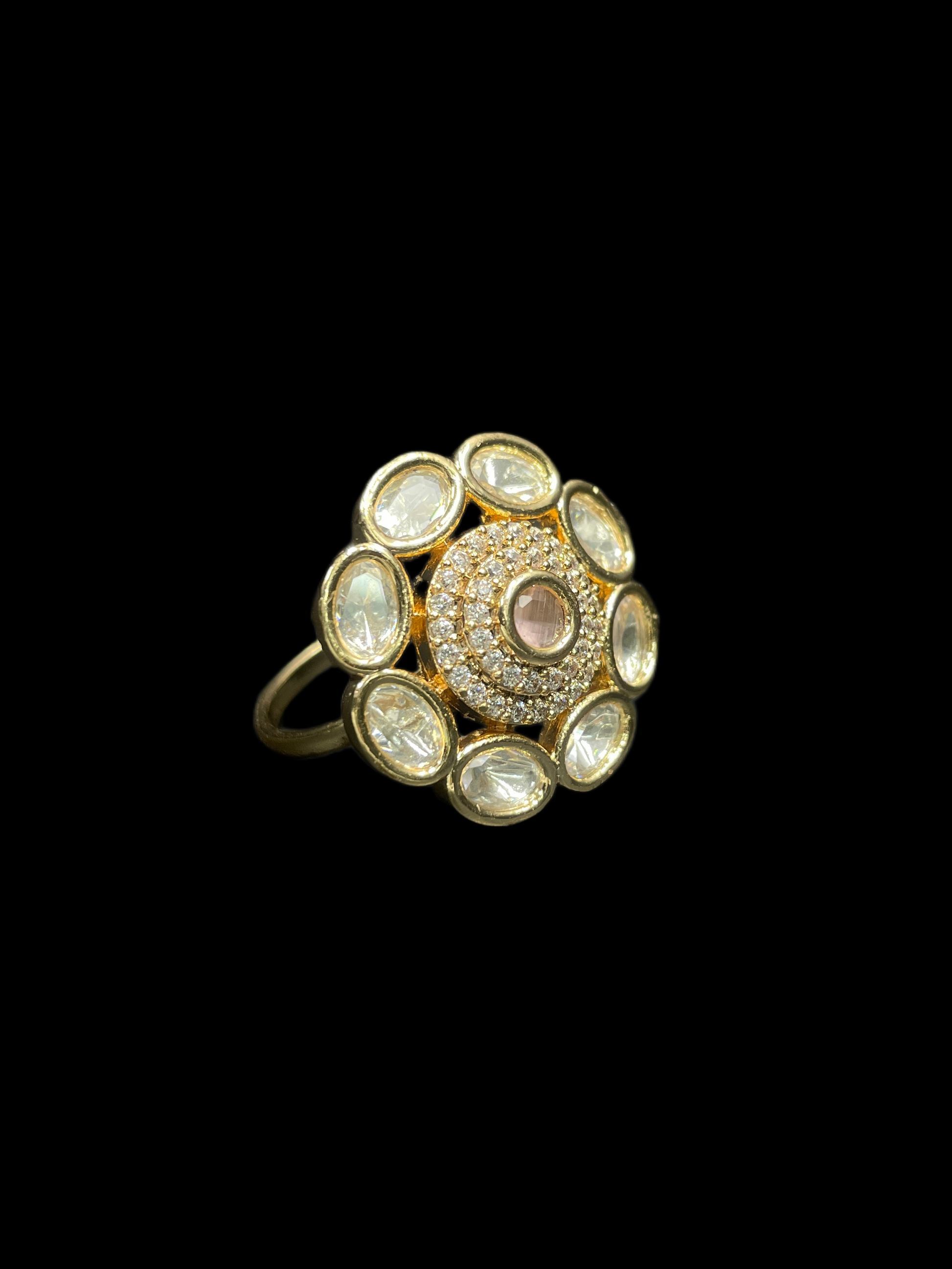 Kundan Polki Oval Petal Halo Cocktail Ring - Baby Pink | K Gold - side view