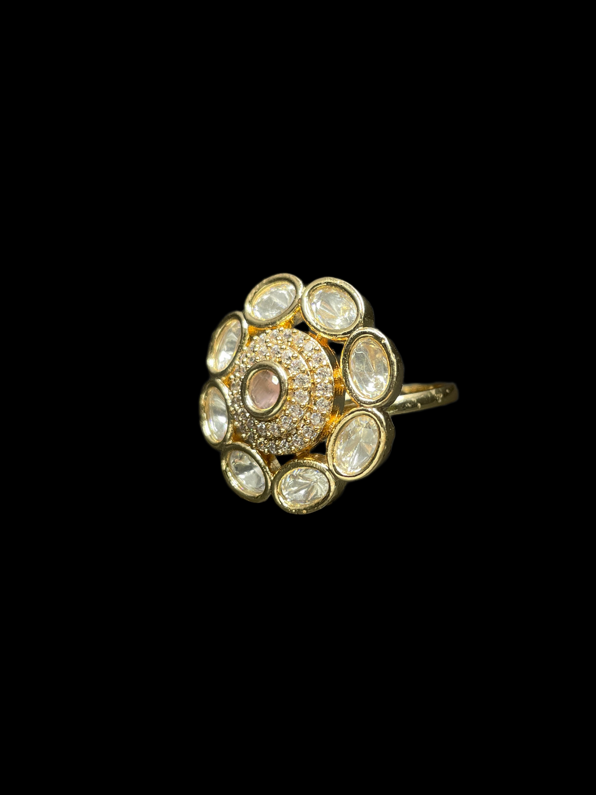 Kundan Polki Oval Petal Halo Cocktail Ring - Baby Pink | K Gold - angled view