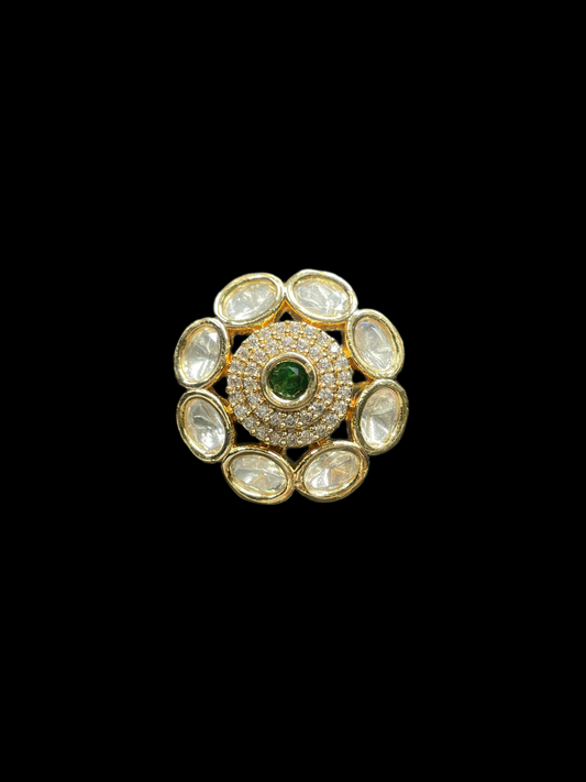 Kundan Polki Oval Petal Halo Cocktail Ring - Emerald Green | K Gold - top view