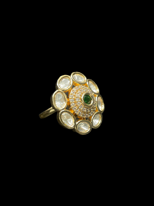 Kundan Polki Oval Petal Halo Cocktail Ring - Emerald Green | K Gold - side view