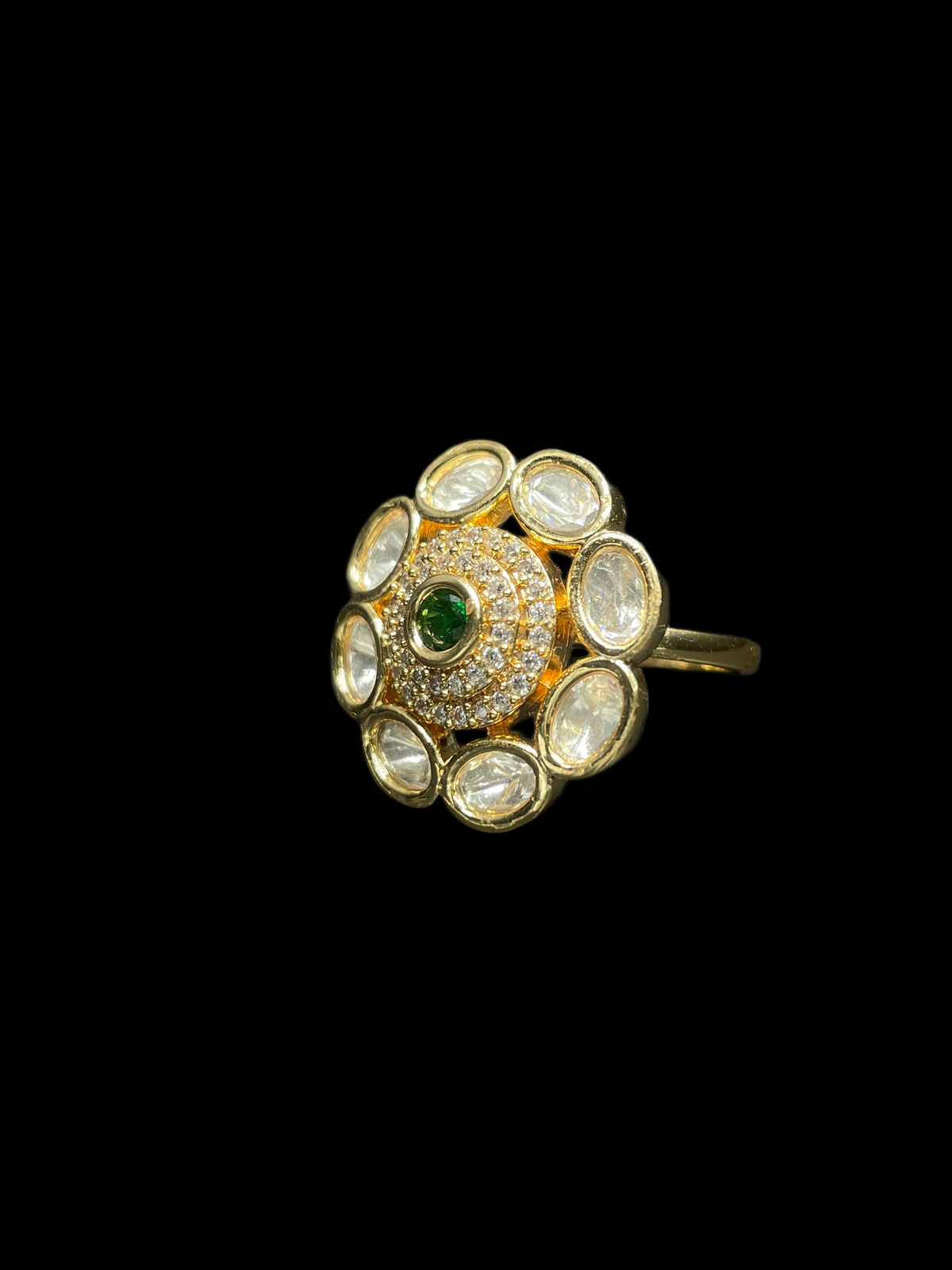 Kundan Polki Oval Petal Halo Cocktail Ring - Emerald Green | K Gold - angled view
