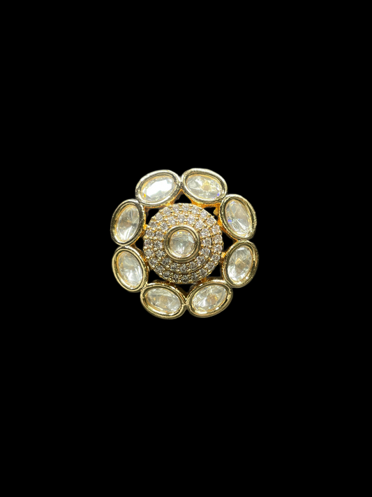 Kundan Polki Oval Petal Halo Cocktail Ring - White | K Gold