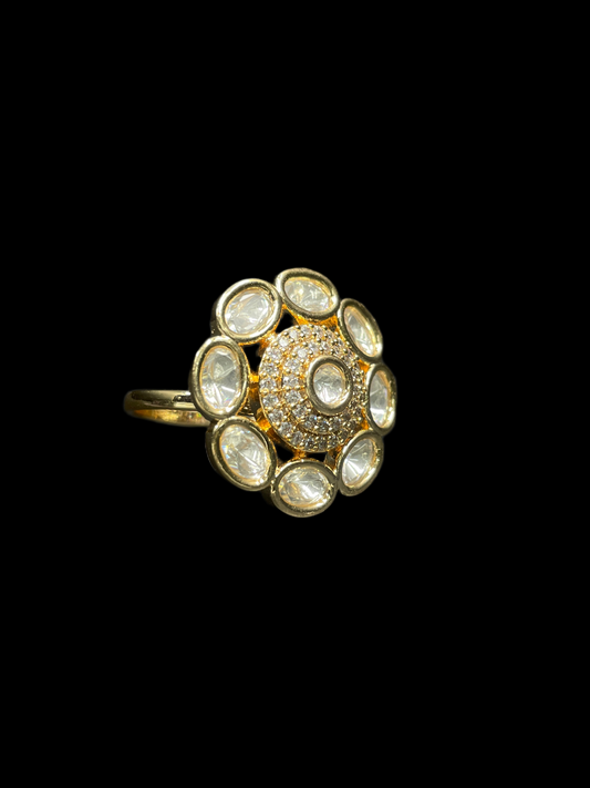 Kundan Polki Oval Petal Halo Cocktail Ring - White | K Gold