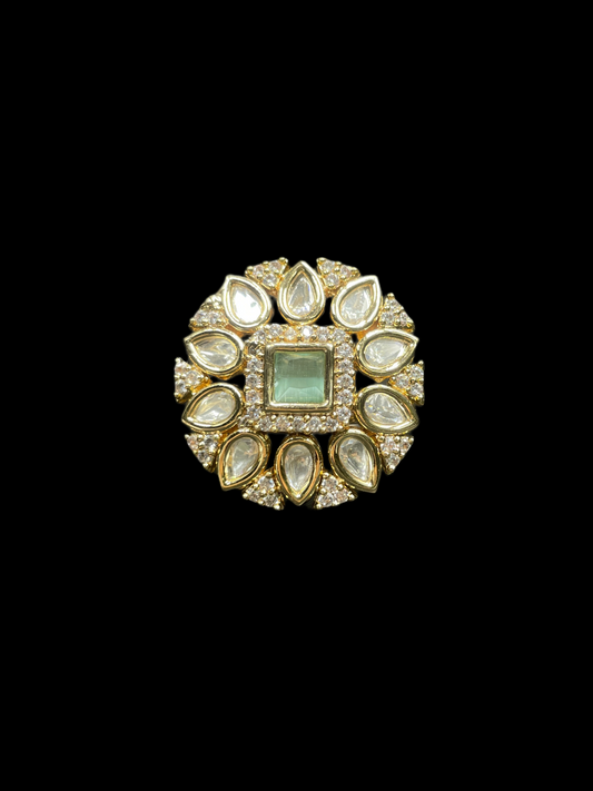 Kundan Polki Teardrop Radiant Square Cocktail Ring - Mint Green | K Gold