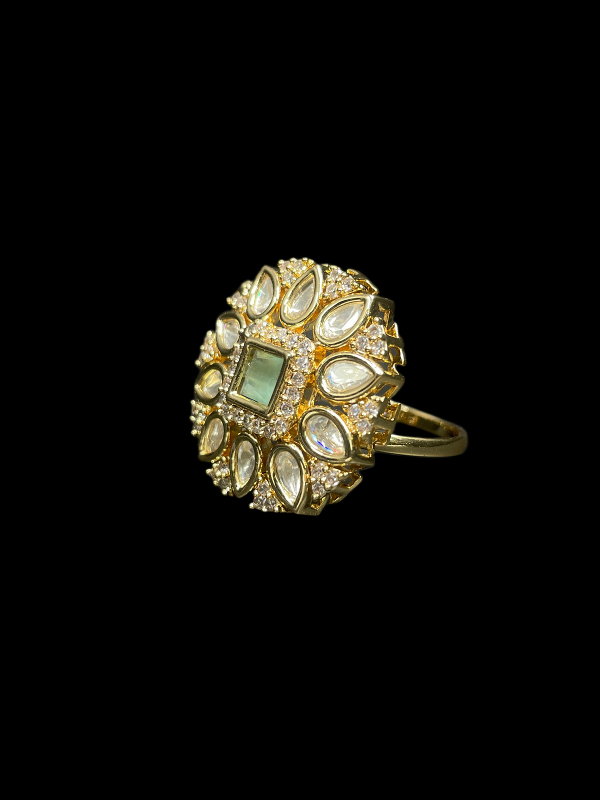 Kundan Polki Teardrop Radiant Square Cocktail Ring - Mint Green | K Gold