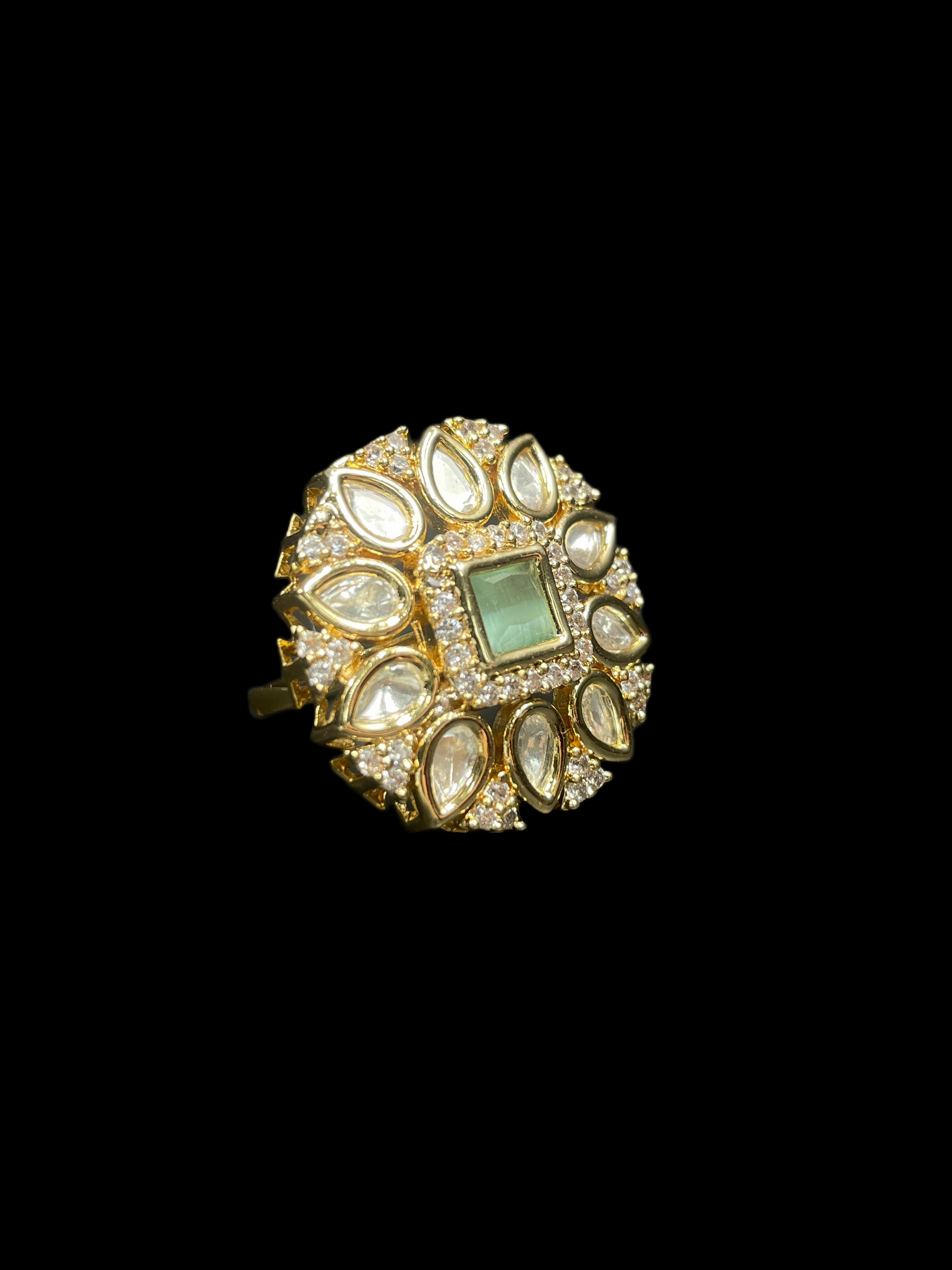 Kundan Polki Teardrop Radiant Square Cocktail Ring - Mint Green | K Gold