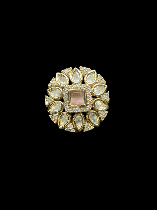 Kundan Polki Teardrop Radiant Square Cocktail Ring - Baby Pink | K Gold - Front View