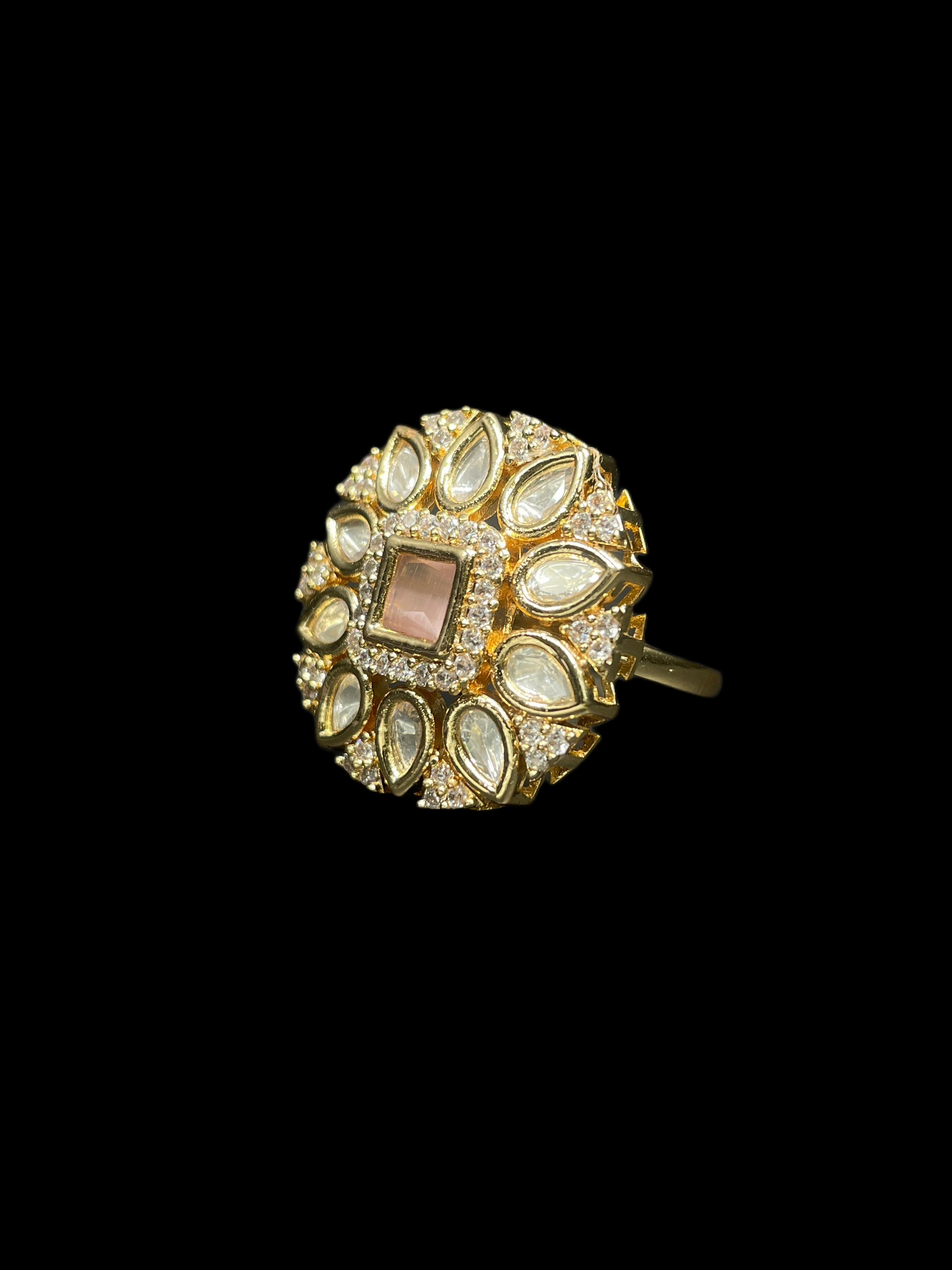 Kundan Polki Teardrop Radiant Square Cocktail Ring - Baby Pink | K Gold - Side View