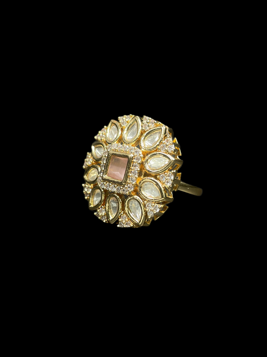 Kundan Polki Teardrop Radiant Square Cocktail Ring - Baby Pink | K Gold - Side View