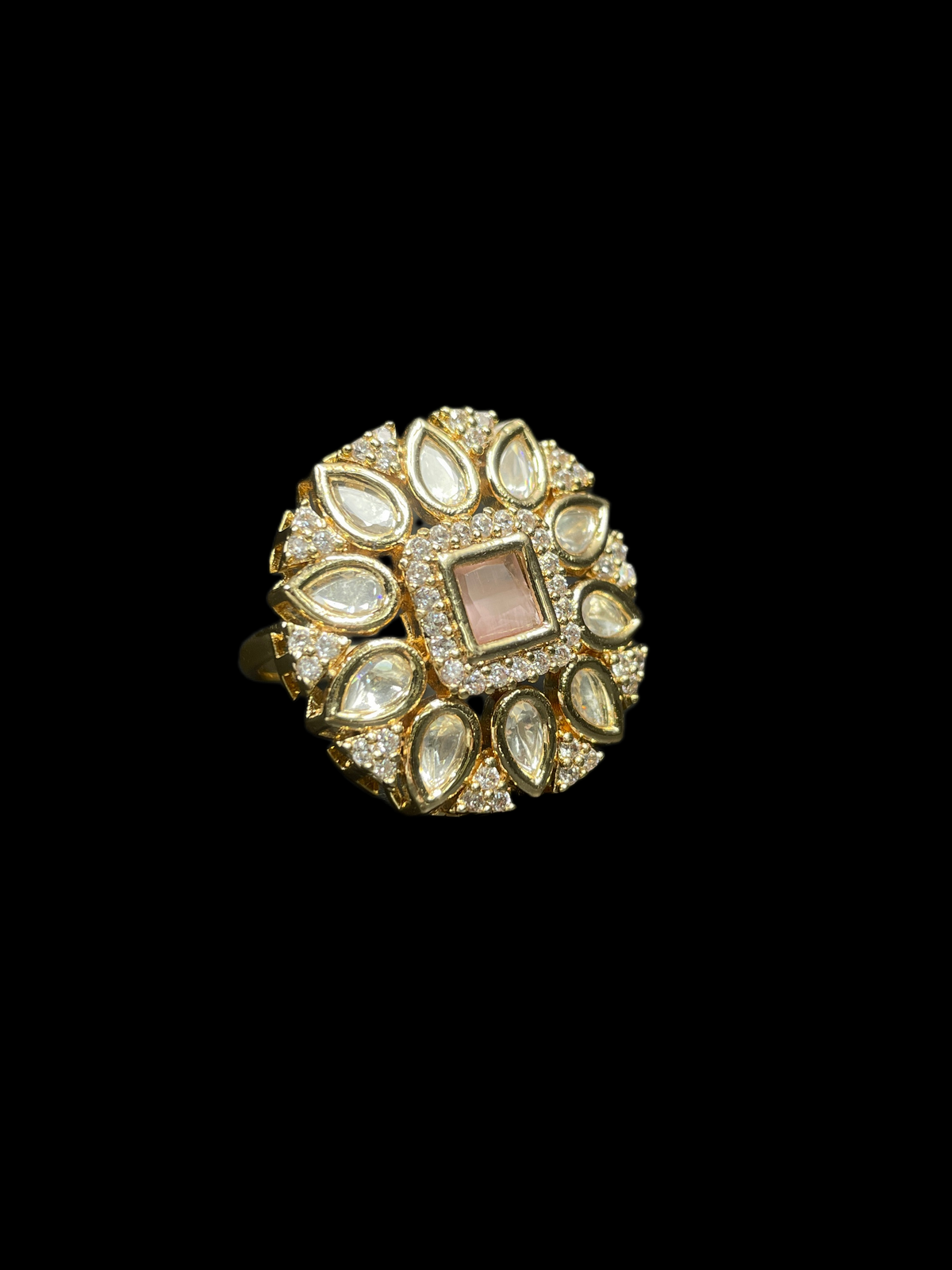 Kundan Polki Teardrop Radiant Square Cocktail Ring - Baby Pink | K Gold - Angle View