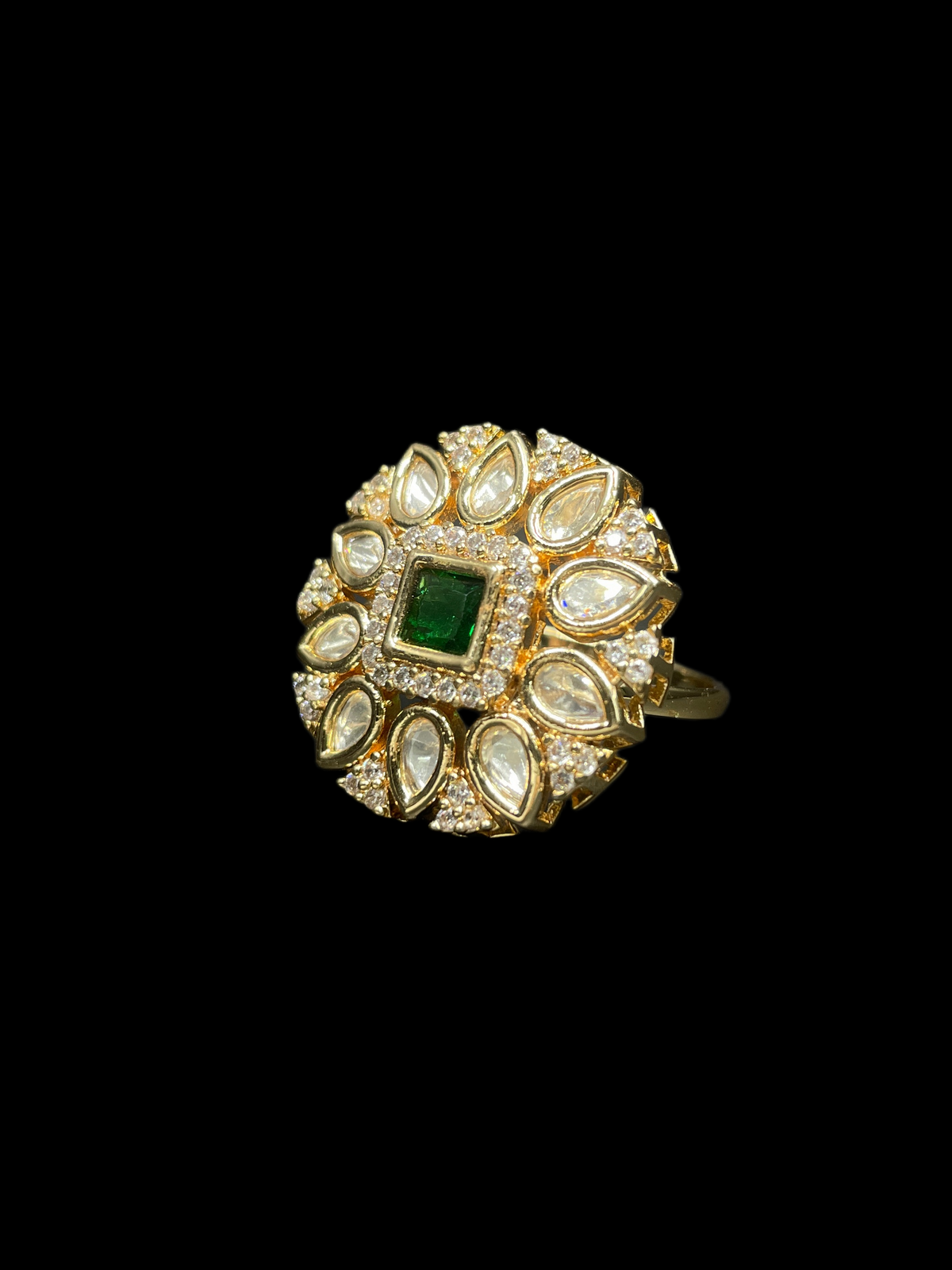 Kundan Polki Teardrop Radiant Square Cocktail Ring - Emerald Green | K Gold
