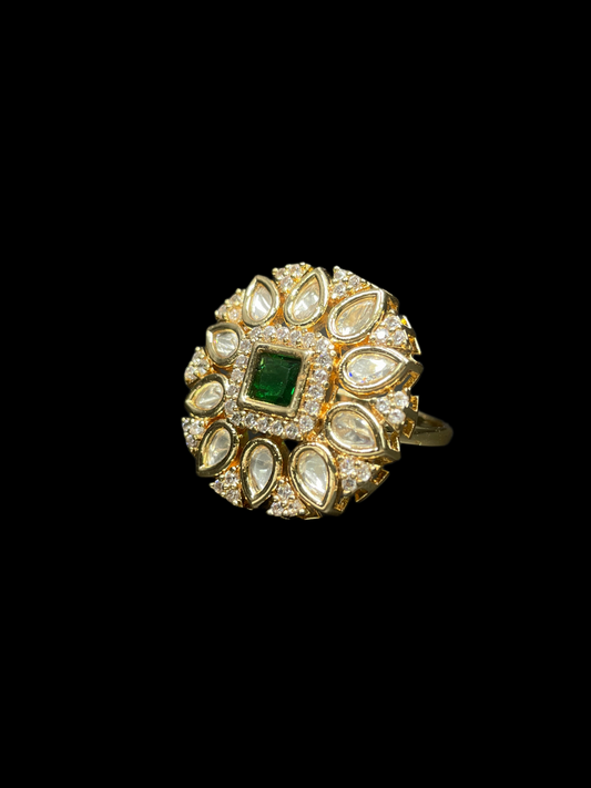 Kundan Polki Teardrop Radiant Square Cocktail Ring - Emerald Green | K Gold
