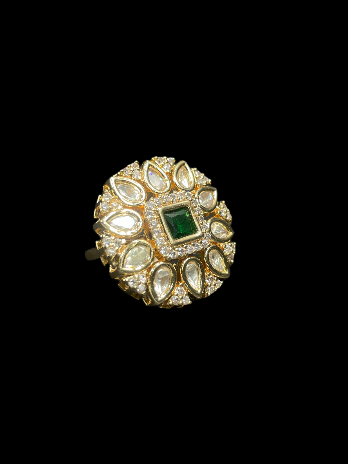 Kundan Polki Teardrop Radiant Square Cocktail Ring - Emerald Green | K Gold