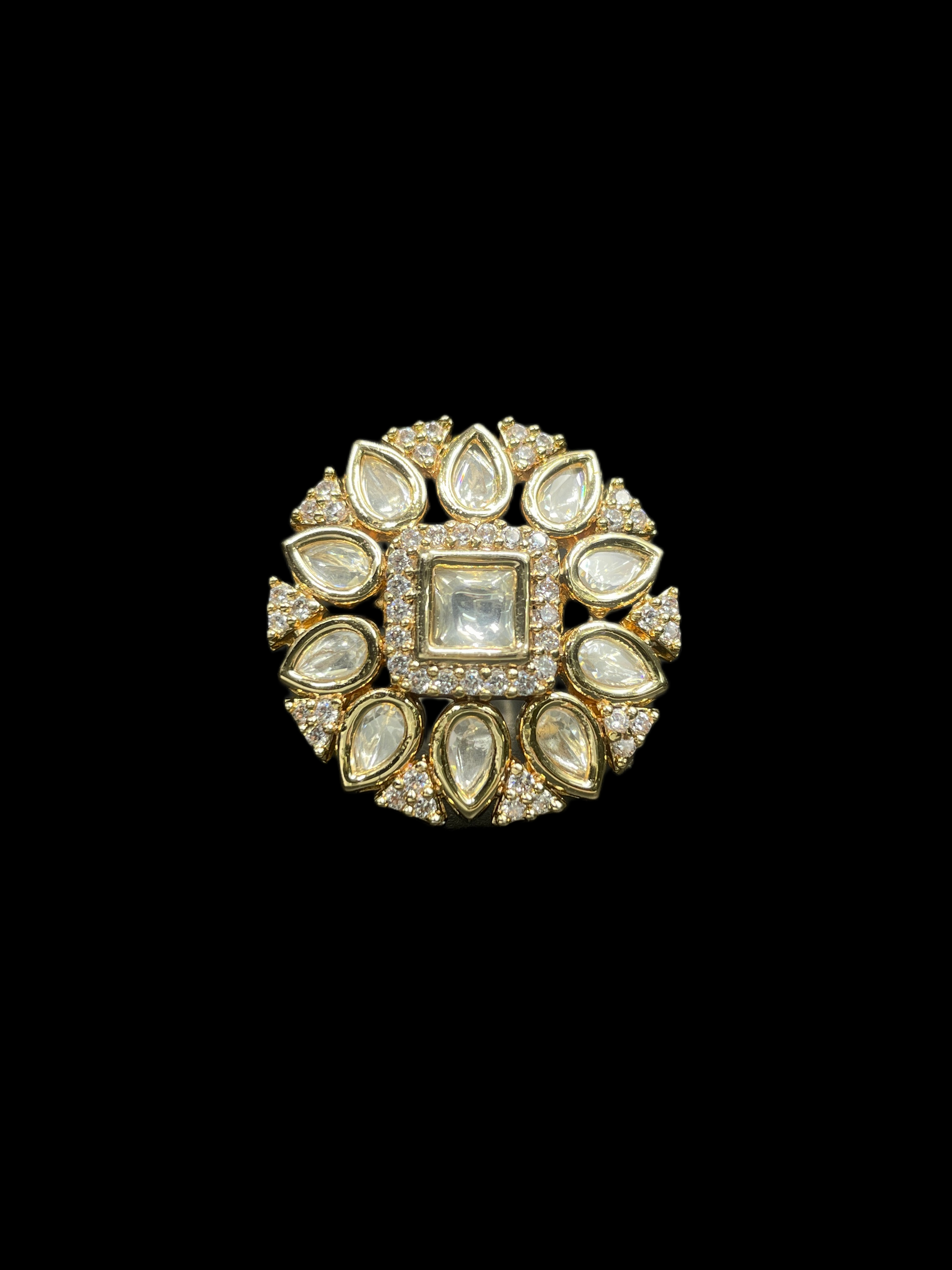 Kundan Polki Teardrop Radiant Square Cocktail Ring - White | K Gold