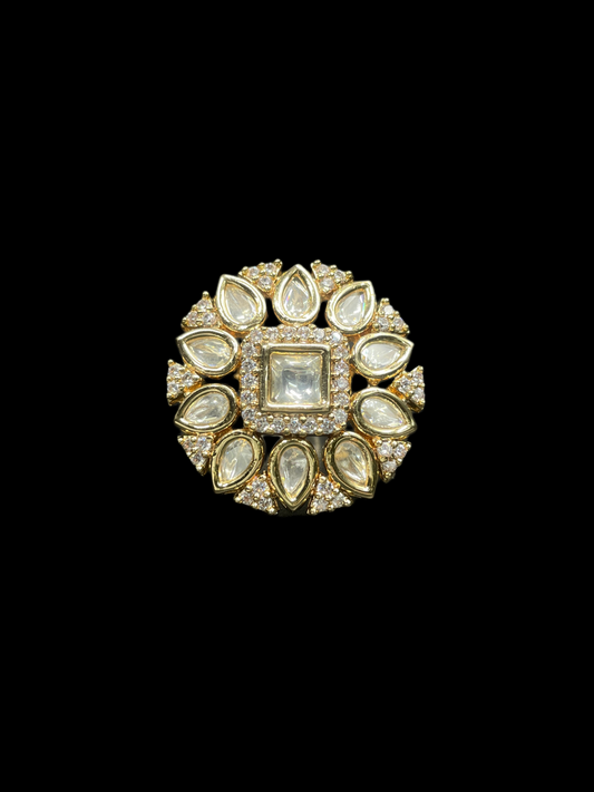 Kundan Polki Teardrop Radiant Square Cocktail Ring - White | K Gold