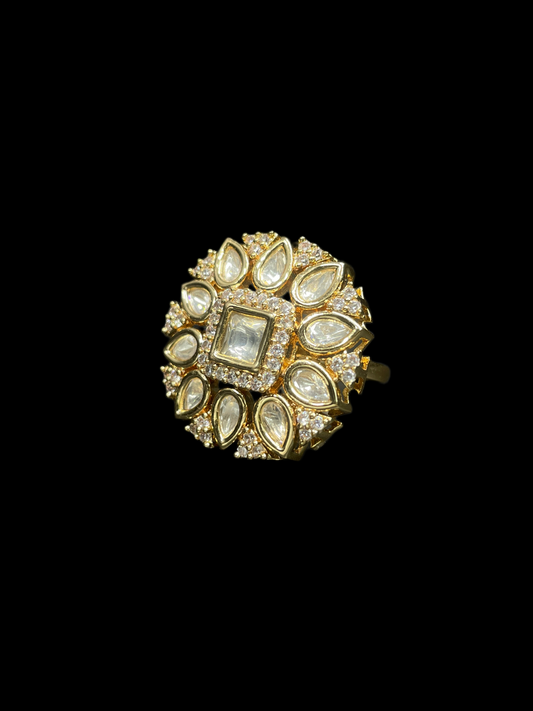 Kundan Polki Teardrop Radiant Square Cocktail Ring - White | K Gold