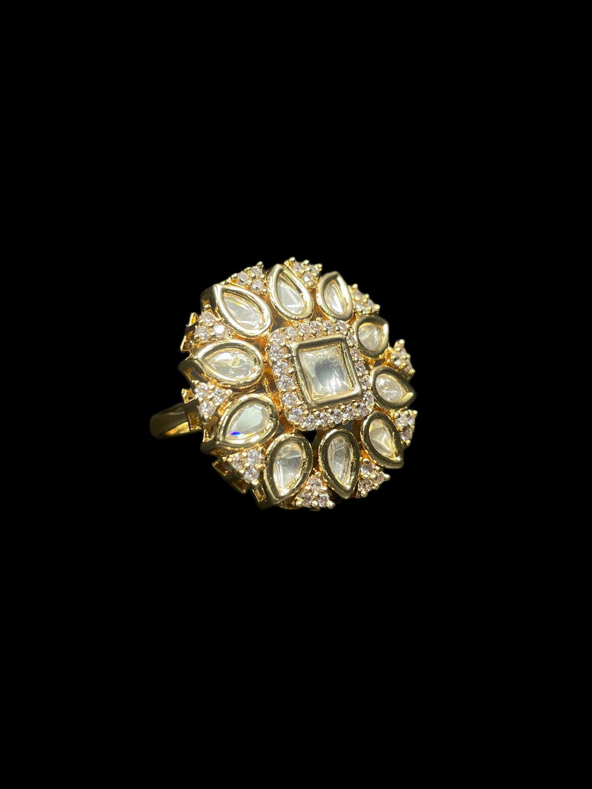 Kundan Polki Teardrop Radiant Square Cocktail Ring - White | K Gold