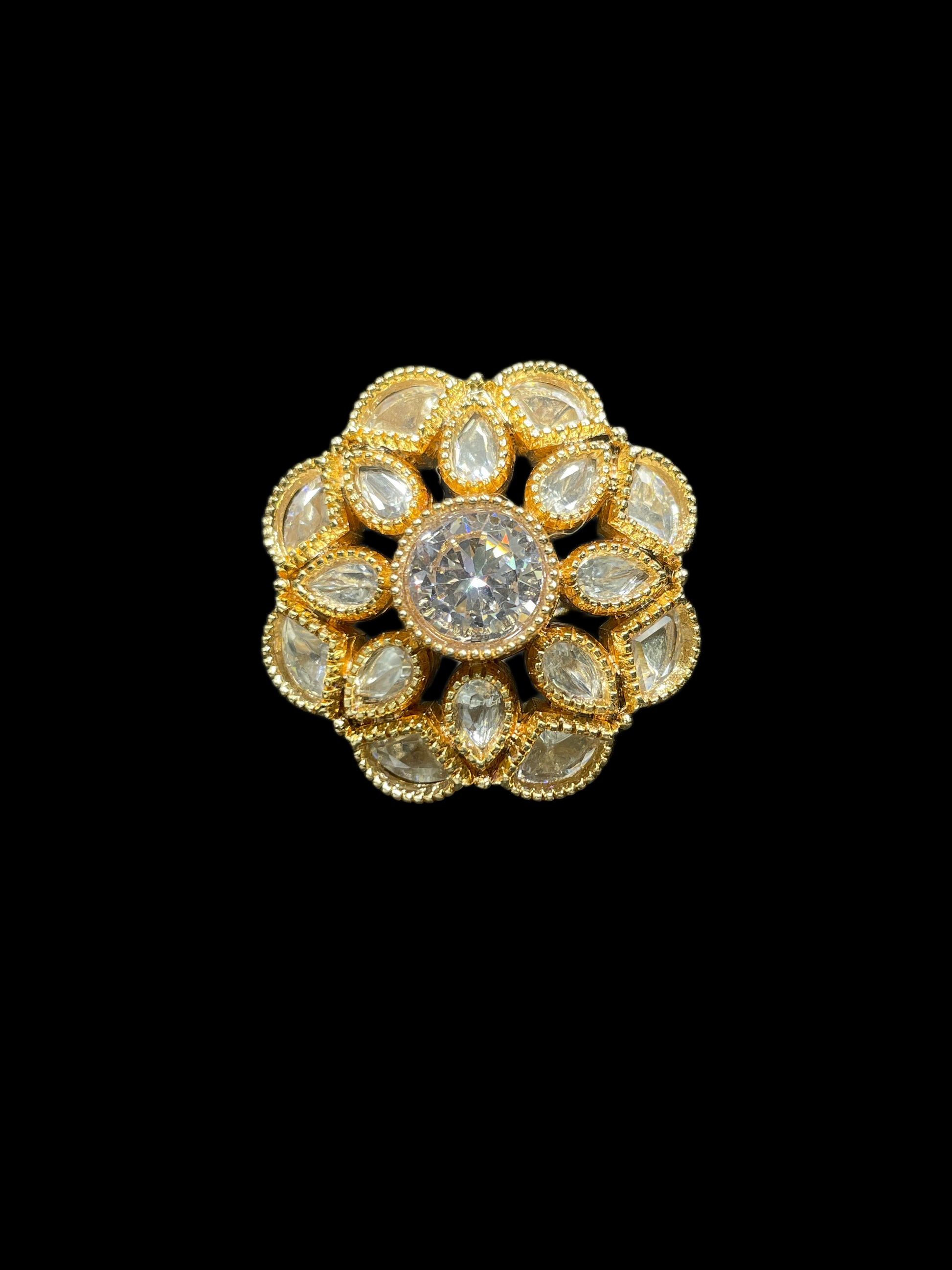 Kundan Polki Milgrain Bloom Cocktail Ring - White | K Gold - angled view
