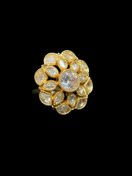 Kundan Polki Milgrain Bloom Cocktail Ring - White | K Gold - side view