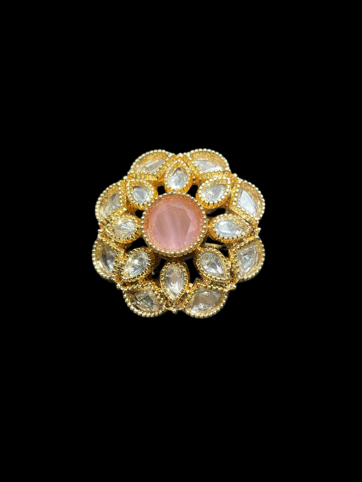 Kundan Polki Milgrain Bloom Cocktail Ring - Baby Pink | K Gold - top view