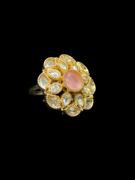 Kundan Polki Milgrain Bloom Cocktail Ring - Baby Pink | K Gold - side view
