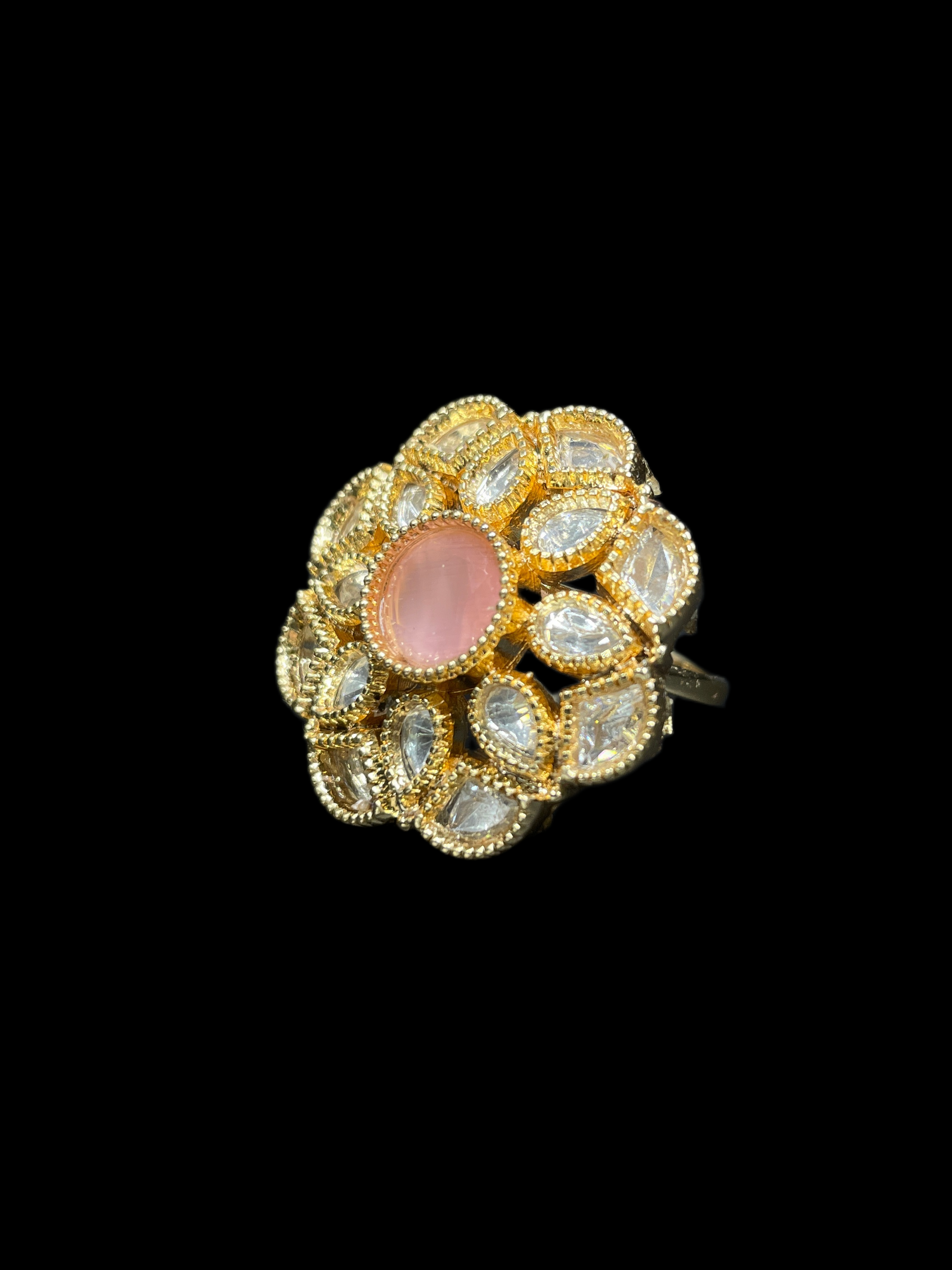 Kundan Polki Milgrain Bloom Cocktail Ring - Baby Pink | K Gold - angled view