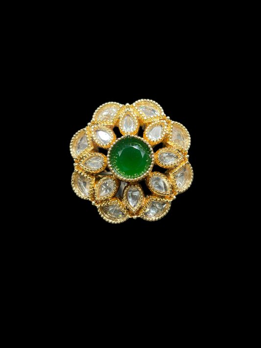Kundan Polki Milgrain Bloom Cocktail Ring - Emerald Green | K Gold - top view