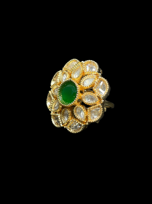 Kundan Polki Milgrain Bloom Cocktail Ring - Emerald Green | K Gold - side view