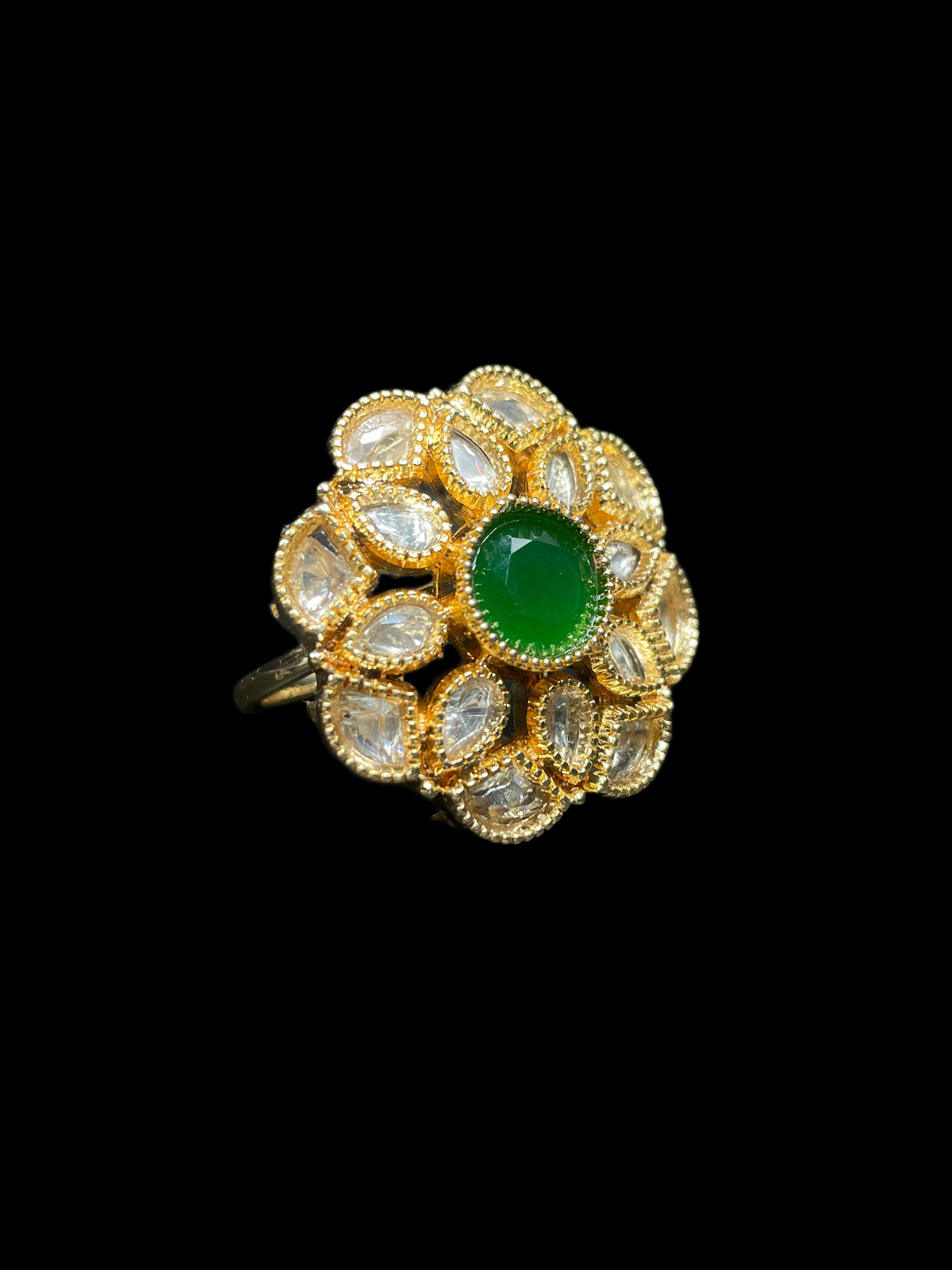 Kundan Polki Milgrain Bloom Cocktail Ring - Emerald Green | K Gold - angled view