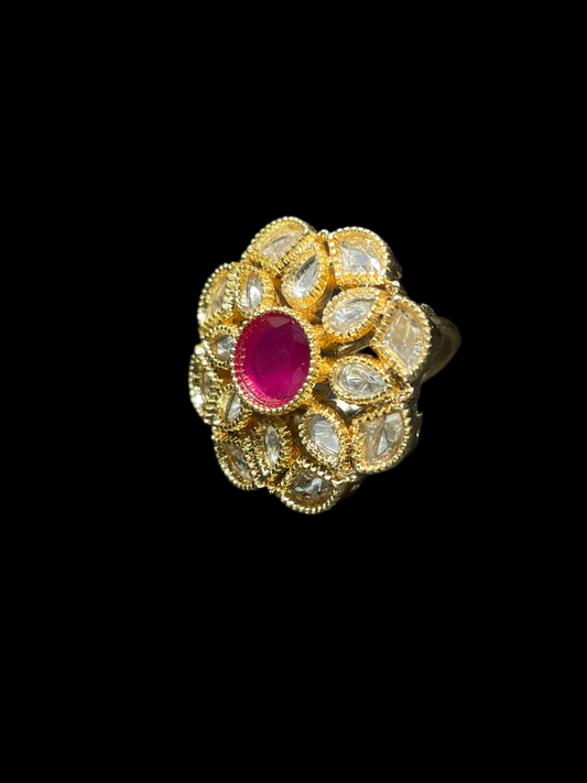 Kundan Polki Milgrain Bloom Cocktail Ring - Ruby Red | K Gold - side view