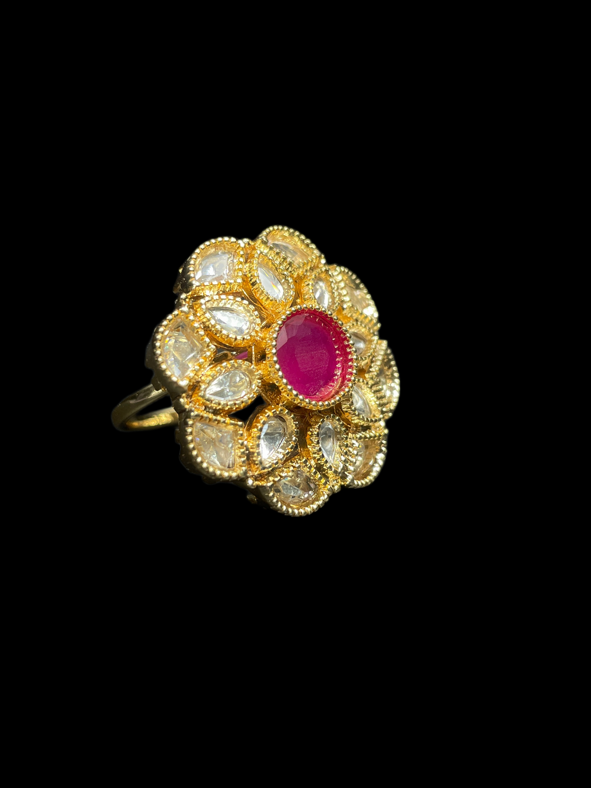 Kundan Polki Milgrain Bloom Cocktail Ring - Ruby Red | K Gold - angled view