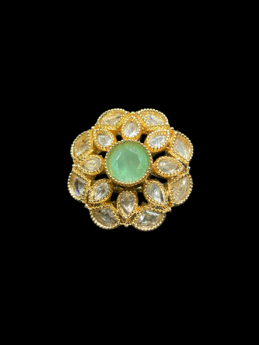 Kundan Polki Milgrain Bloom Cocktail Ring - Mint Green | K Gold - top view