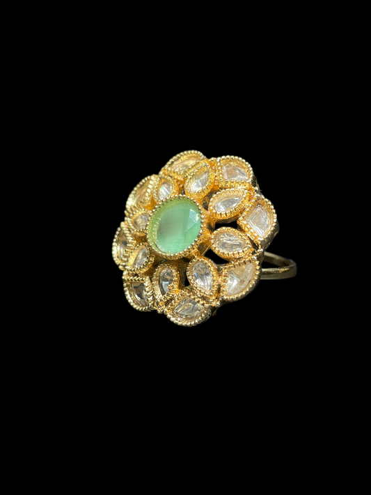 Kundan Polki Milgrain Bloom Cocktail Ring - Mint Green | K Gold - side view