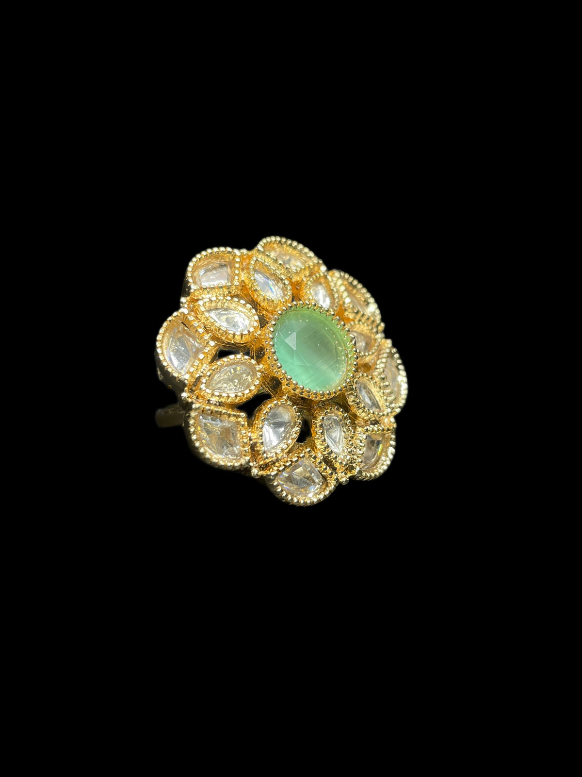 Kundan Polki Milgrain Bloom Cocktail Ring - Mint Green | K Gold - angled view
