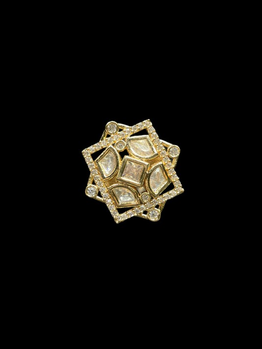 Kundan Polki AD Star Frame Geometric Cocktail Ring - White | K Gold - top view