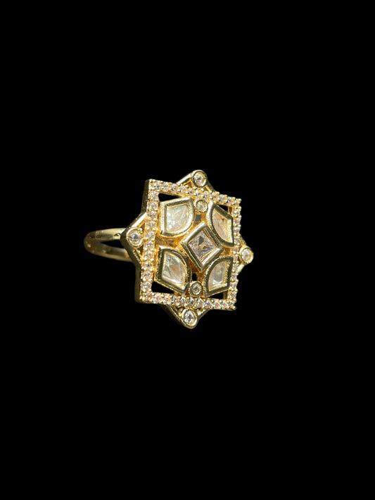 Kundan Polki AD Star Frame Geometric Cocktail Ring - White | K Gold - side view