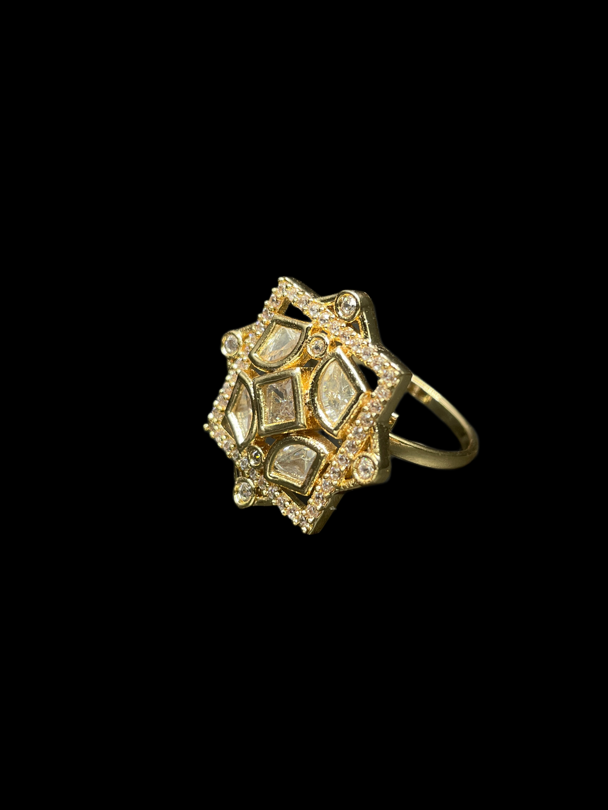 Kundan Polki AD Star Frame Geometric Cocktail Ring - White | K Gold - angled view