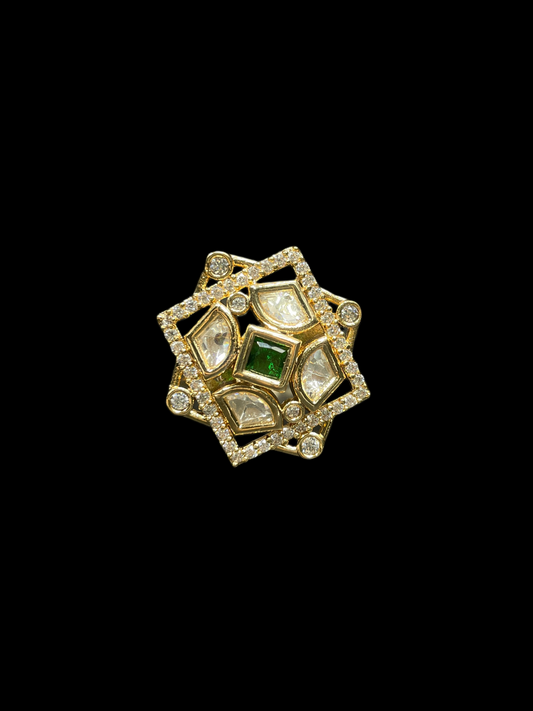 Kundan Polki AD Star Frame Geometric Cocktail Ring - Emerald Green | K Gold - top view