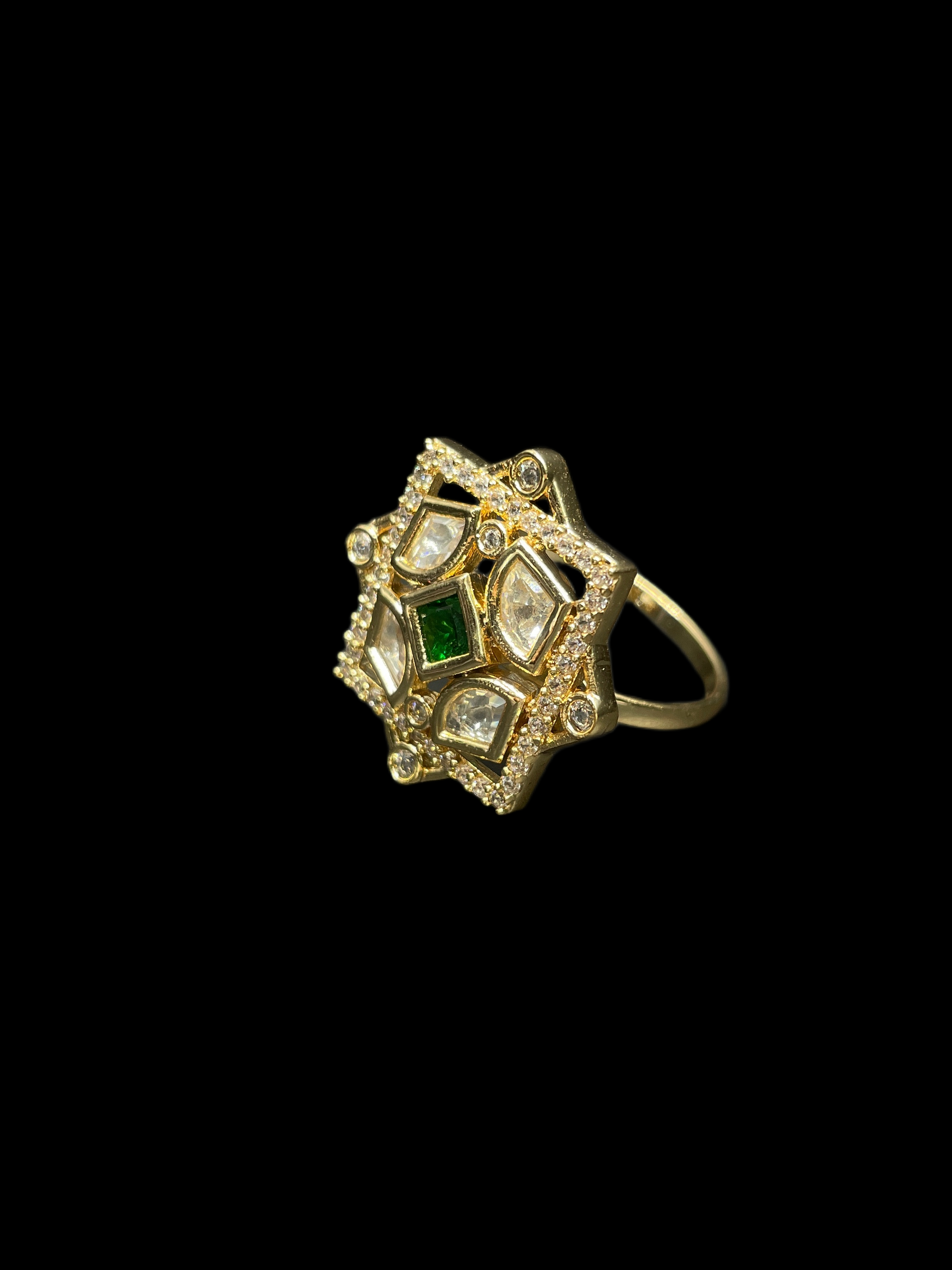 Kundan Polki AD Star Frame Geometric Cocktail Ring - Emerald Green | K Gold - side view