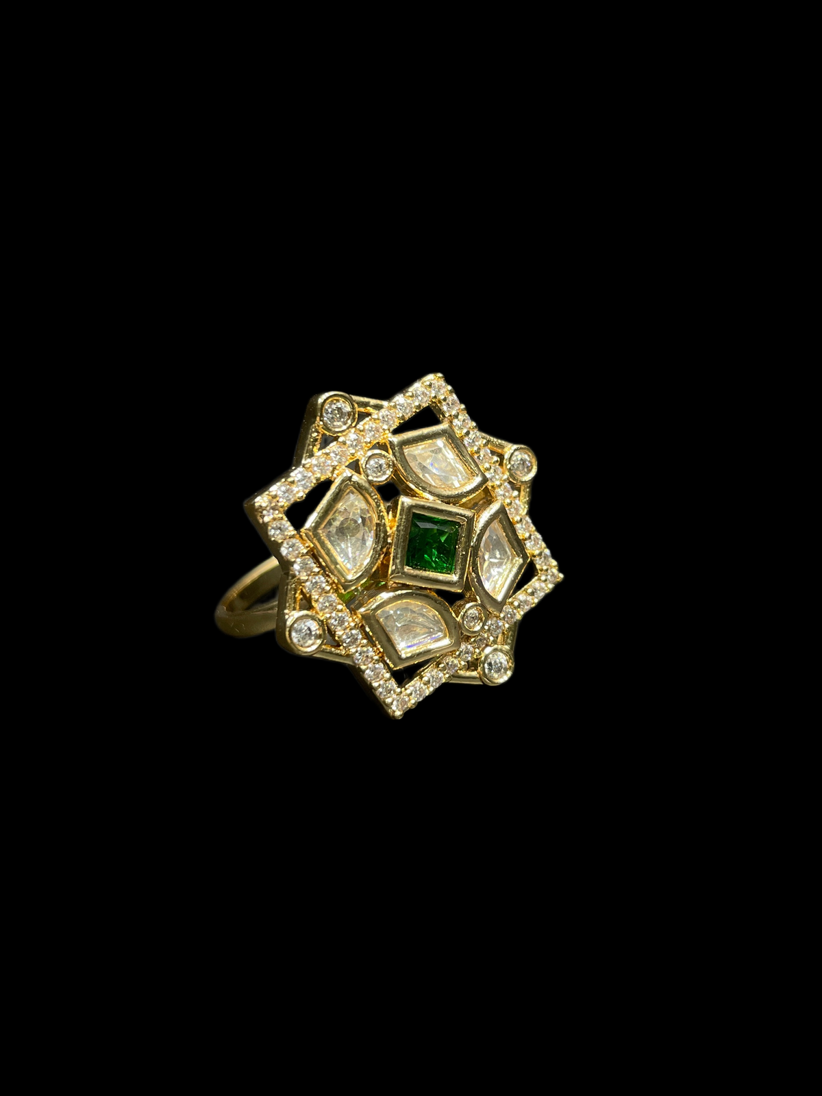 Kundan Polki AD Star Frame Geometric Cocktail Ring - Emerald Green | K Gold - angled view