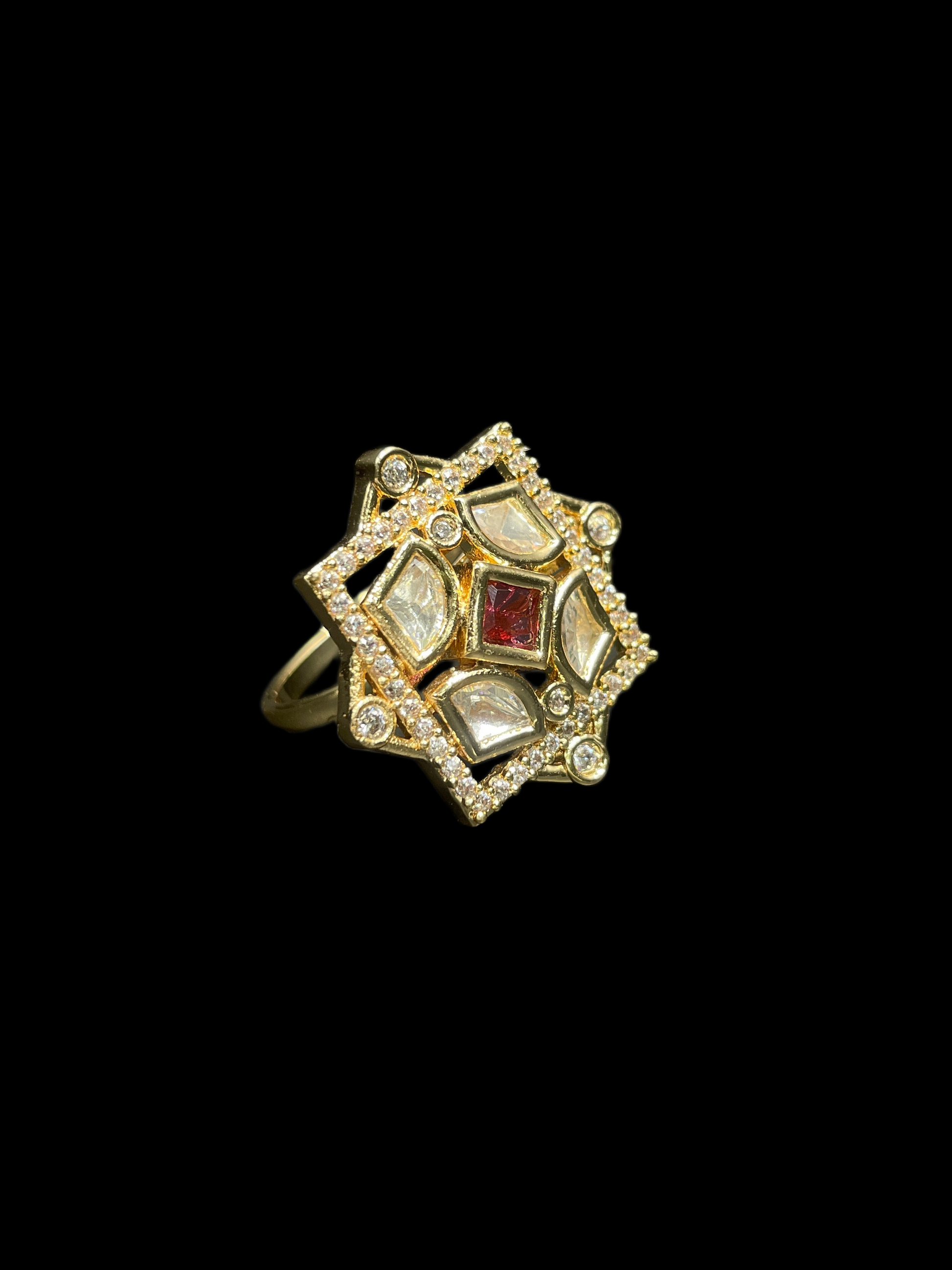 Kundan Polki AD Star Frame Geometric Cocktail Ring - Ruby Red | K Gold - side view