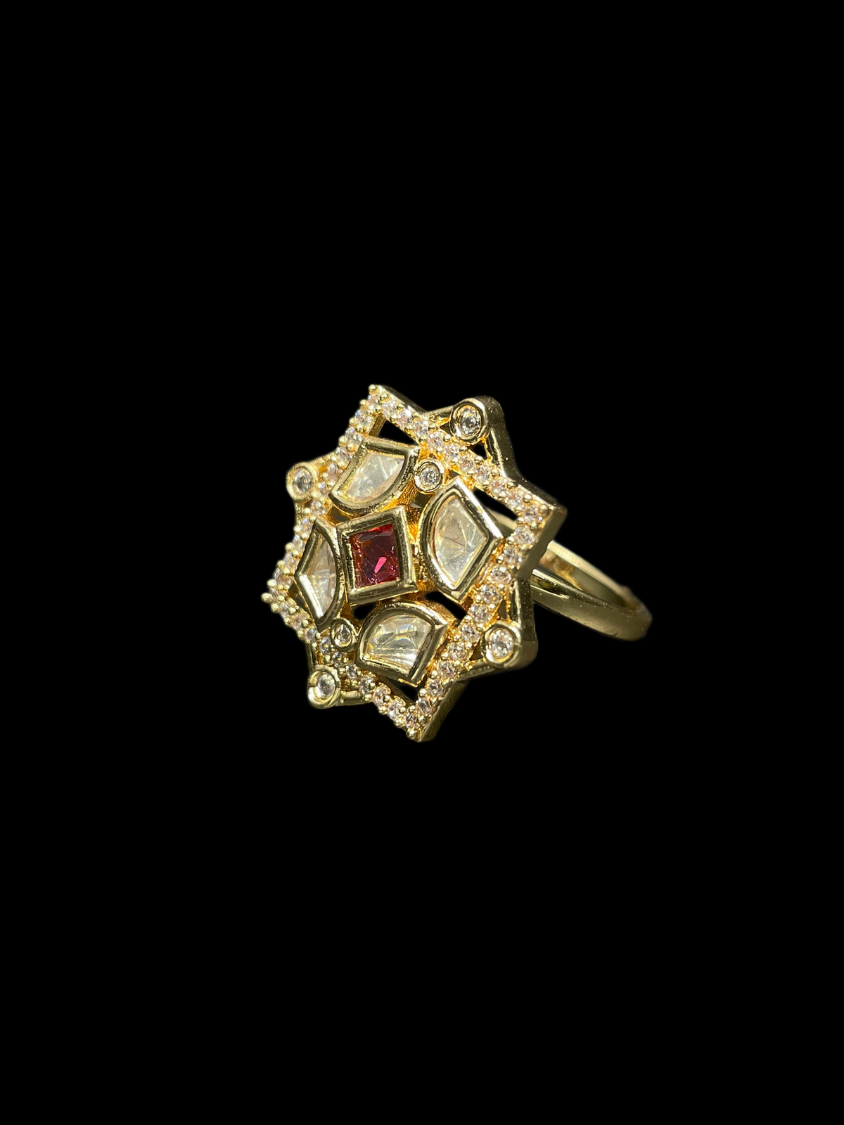 Kundan Polki AD Star Frame Geometric Cocktail Ring - Ruby Red | K Gold - angled view