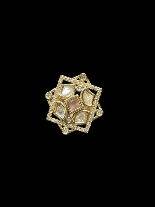 Kundan Polki AD Star Frame Geometric Cocktail Ring - Baby Pink | K Gold - side view