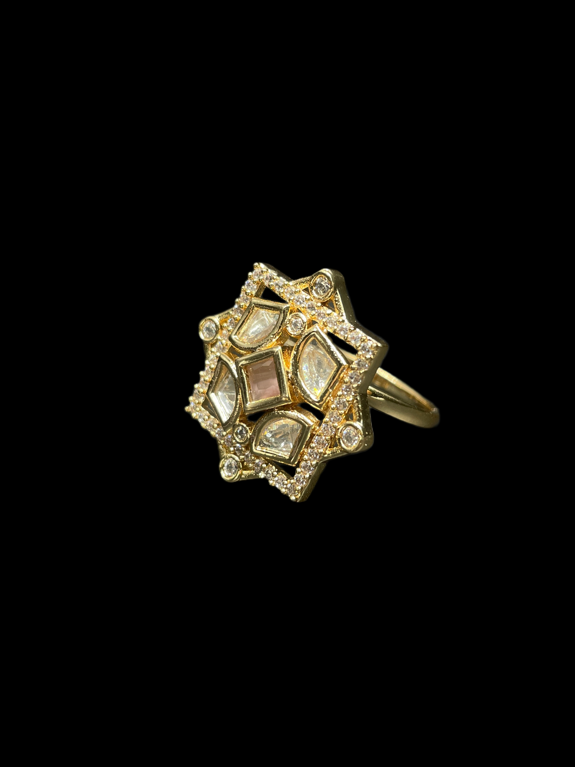 Kundan Polki AD Star Frame Geometric Cocktail Ring - Baby Pink | K Gold - angled view